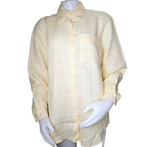 Liz Claiborne Irish Linen Blouse Womens M Yellow Hidden Check Button Up Pocket - Picture 1 of 14